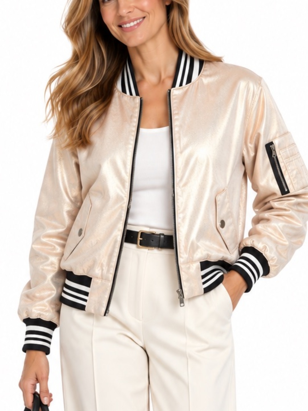 Hudson Gene Pink Puffy Bomber Jacket Rose Gold Metallic with Pockets Size L